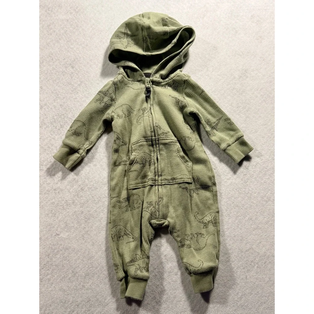 Carters Baby Boys Green Waffle Knit Dinosaur Hooded Jumpsuit Romper 3M - Picture 1 of 4